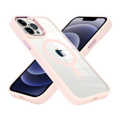 For iPhone 14 PRO 6.1" Greatest Clear Acrylic [Magnetic Circle] ShockProof ToughThick Metal Button Hybrid - Light Pink