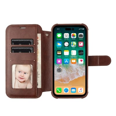 For iPhone 14 PRO 6.1" [Magnetic Circle] Wallet For ID and Credit Cards With Lanyard - Brown