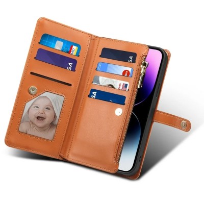 For iPhone 14 PRO 6.1" [Magnetic Circle] Wallet With Independent Detachable Card Holder - Brown