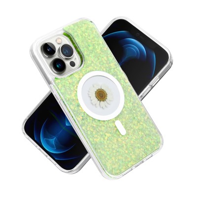For iPhone 14 PRO 6.1" Magnetic Ring Circle Real Flower Epoxy Glitter Hybrid Case Cover - Green