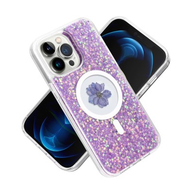 For iPhone 14 PRO 6.1" Magnetic Ring Circle Real Flower Epoxy Glitter Hybrid Case Cover - Light Purple