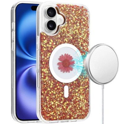 For iPhone 14 PRO 6.1" Magnetic Ring Circle Real Flower Epoxy Glitter Hybrid Case Cover - Rose Gold