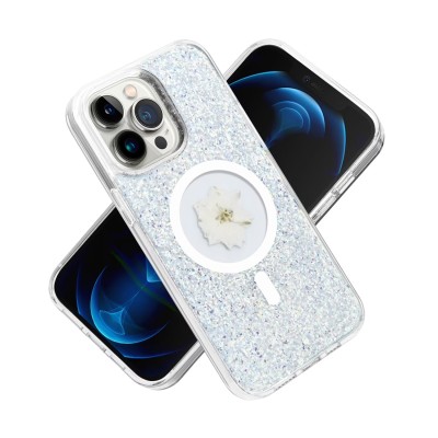For iPhone 14 PRO 6.1" Magnetic Ring Circle Real Flower Epoxy Glitter Hybrid Case Cover - Silver