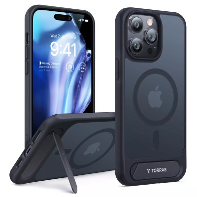 For iPhone 14 PRO 6.1" Magnetic Ring Radiator Design Hybrid with Metal Buttons Case Coverr - Navy Blue