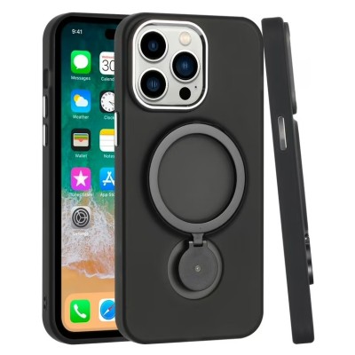 For iPhone 14 PRO 6.1" Magnetic Ring Stand Simplistic Tough Hybrid Case Cover - Black