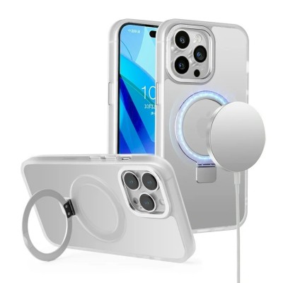 For iPhone 14 PRO 6.1" Metal Chrome Kickstand [Magnetic Circle] Shockproof Matching Camera Hybrid - Clear