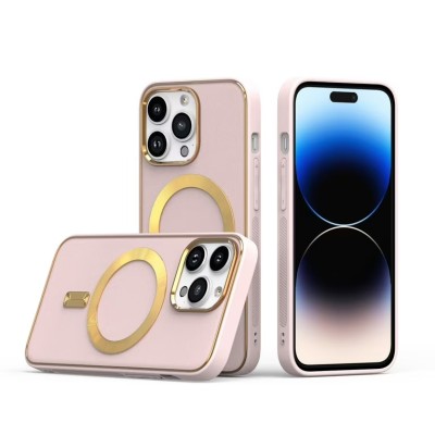 For iPhone 14 PRO 6.1" Premium Matching [Magnetic Circle] & Camera Edge Color Chrome Hybrid Design - Light Pink