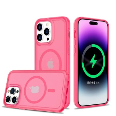 For iPhone 14 PRO 6.1" Rich [Magnetic Circle] Glossy Oil Shockproof Hybrid Premium Hybrid - Hot Pink