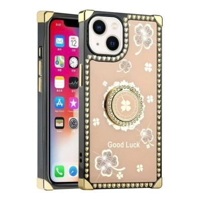 For iPhone 14 PRO 6.1" SQUARE Hearts Passion [Magnetic Circle] Design Ornaments Chrome Hybrid - Gold