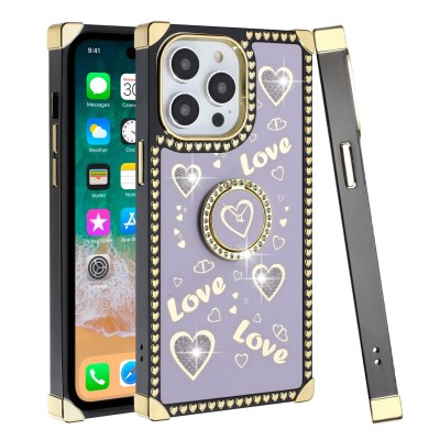 For iPhone 14 PRO 6.1" SQUARE Hearts Passion [Magnetic Circle] Design Ornaments Chrome Hybrid - Teal