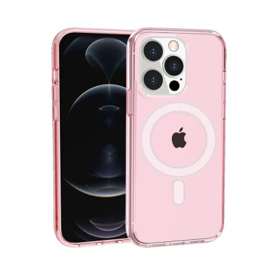 For iPhone 14 PRO 6.1" Sturdy Ultra [Magnetic Circle] Thick 3mm Transparent Hybrid - Pink
