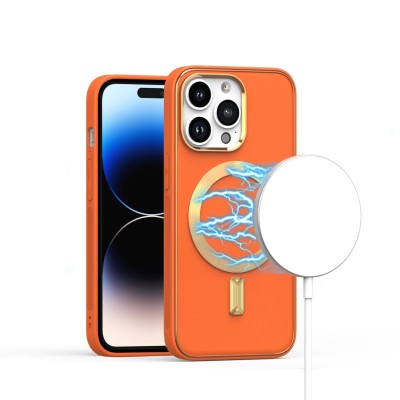 For iPhone 14 PRO 6.1" Ultimate PU Leather [Magnetic Circle] Beautiful Hybrid - Orange