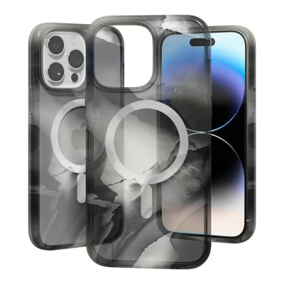For iPhone 14 PRO 6.1" WaterColor Design [Magnetic Circle] Gradiant Thick Premium Hybrid - Black