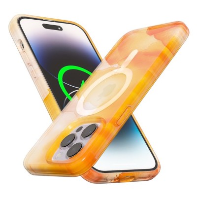 For iPhone 14 PRO 6.1" WaterColor Design [Magnetic Circle] Gradiant Thick Premium Hybrid - Orange