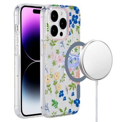 For iPhone 14 PRO MAX 6.7" Beautiful Floral [Magnetic Circle] ShockProof Transparent Hybrid Design - E