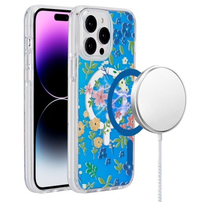 For iPhone 14 PRO MAX 6.7" Beautiful Floral [Magnetic Circle] ShockProof Transparent Hybrid Design - G