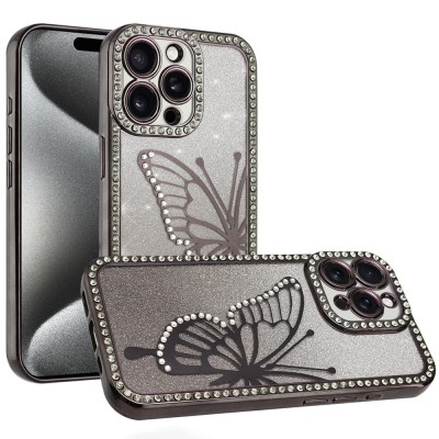 For iPhone 14 PRO MAX 6.7" Butterfly Freedom Shimmer Glitter Thick TPU Case Cover - Black