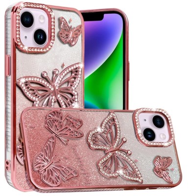 For iPhone 14 PRO MAX 6.7" Butterfly Freedom Shimmer Glitter Thick TPU Case Cover - Purple