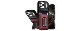 For iPhone 14 PRO MAX 6.7" Card Holder (2X) with Wrist Strap  Hybrid With KickStand - Black+Red