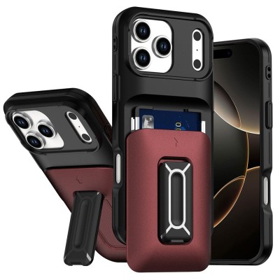 For iPhone 14 PRO MAX 6.7" Card Holder (2X) with Wrist Strap  Hybrid With KickStand - Black+Red