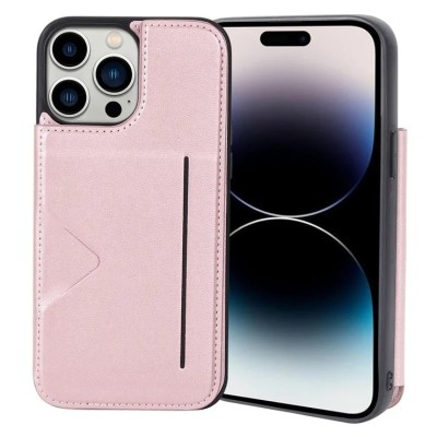 For iPhone 14 PRO MAX 6.7" Card Holder Passion Square Chromed Heart Ornaments PU Leather Case Cover - Rose Gold