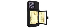 For iPhone 14 PRO MAX 6.7" Card Holder with Mirror Inside PU Leather Hybrid Case - Black