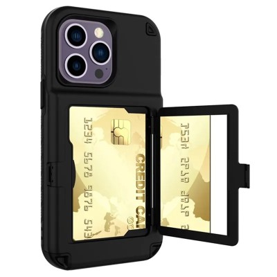 For iPhone 14 PRO MAX 6.7" Card Holder with Mirror Inside PU Leather Hybrid Case - Black