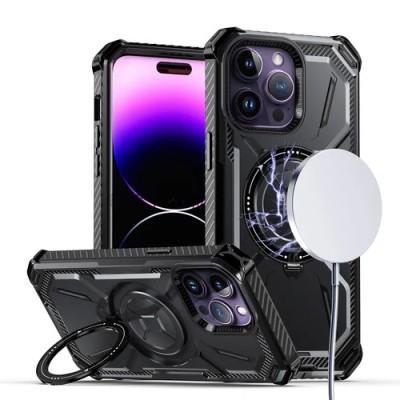 For iPhone 14 PRO MAX 6.7" Dazzle [Magnetic Circle] Kickstand Alloy Chrome Transparent Hybrid - Black