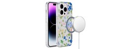 For iPhone 14 PRO MAX 6.7" Design Quotation [Magnetic Circle] Transparent Shockproof Hybrid - Floral C