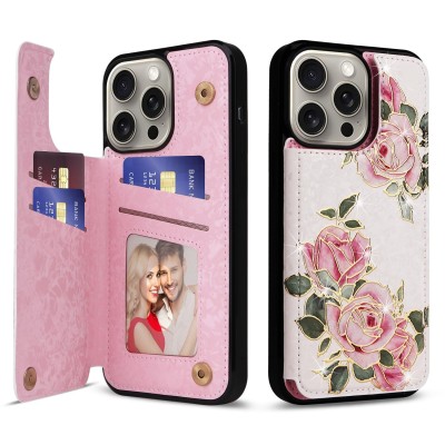 For iPhone 14 PRO MAX 6.7" Design Wallet ID Credit Card Money Holder with Magnetic Metal Closure including Lanyard - Antique Flower