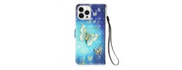 For iPhone 14 PRO MAX 6.7" Design Wallet ID Credit Card Money Holder with Magnetic Metal Closure including Lanyard - Colorful Butterflies