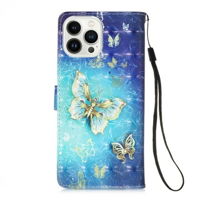 For iPhone 14 PRO MAX 6.7" Design Wallet ID Credit Card Money Holder with Magnetic Metal Closure including Lanyard - Colorful Butterflies