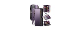 For iPhone 14 PRO MAX 6.7" Design Wallet ID Credit Card Money Holder with Magnetic Metal Closure including Lanyard - Purple Lily