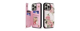 For iPhone 14 PRO MAX 6.7" Design Wallet ID Credit Card Money Holder with Magnetic Metal Closure including Lanyard - Romantic Pink White Roses Floral