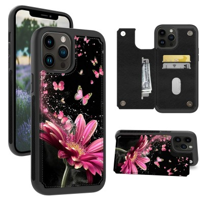 For iPhone 14 PRO MAX 6.7" Design Wallet ID Credit Card Money Holder with Magnetic Metal Closure including Lanyard - Rose Pink Floral