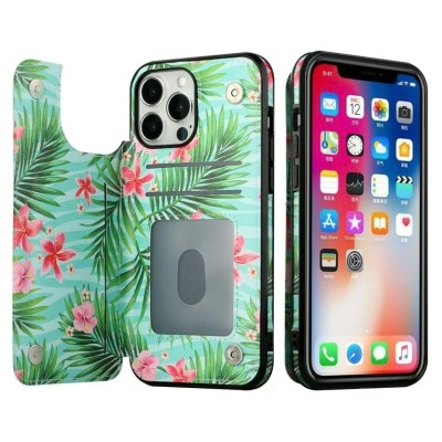 For iPhone 14 PRO MAX 6.7" Design Wallet ID Credit Card Money Holder with Magnetic Metal Closure including Lanyard - Tropical Romantic Colorful Roses Floral