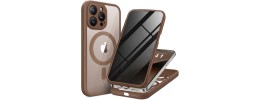 For iPhone 14 PRO MAX 6.7" Disc Chrome Circle With Chromed Tempered Glass Screen Protector PU UV Leather Case - Brown