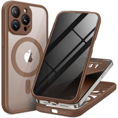 For iPhone 14 PRO MAX 6.7" Disc Chrome Circle With Chromed Tempered Glass Screen Protector PU UV Leather Case - Brown