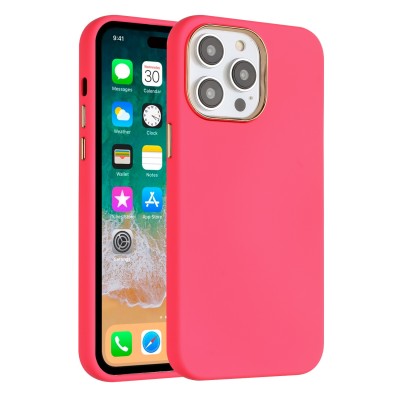 For iPhone 14 PRO MAX 6.7" Disc Chrome Circle With Chromed Tempered Glass Screen Protector PU UV Leather Case - Light Pink