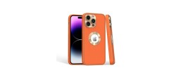 For iPhone 14 PRO MAX 6.7" Disc Chrome Circle With Chromed Tempered Glass Screen Protector PU UV Leather Case - Orange