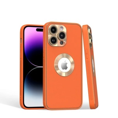 For iPhone 14 PRO MAX 6.7" Disc Chrome Circle With Chromed Tempered Glass Screen Protector PU UV Leather Case - Orange