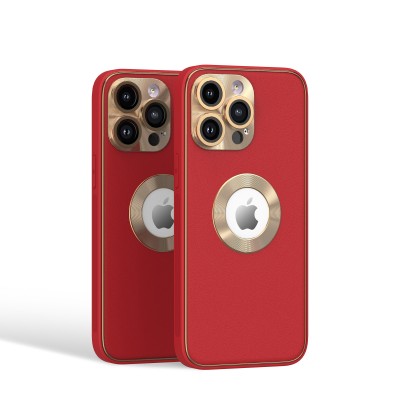 For iPhone 14 PRO MAX 6.7" Disc Chrome Circle With Chromed Tempered Glass Screen Protector PU UV Leather Case - Red