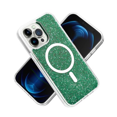 For iPhone 14 PRO MAX 6.7" Epoxy Glitter [Magnetic Circle] ShockProof Hybrid 2.5mm Thick - Green