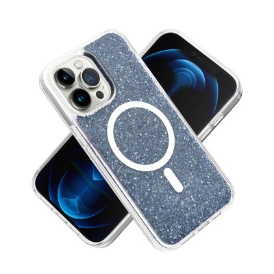For iPhone 14 PRO MAX 6.7" Epoxy Glitter Shimmer [Magnetic Circle] Hybrid Case - Dark Blue