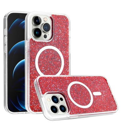 For iPhone 14 PRO MAX 6.7" Epoxy Glitter Shimmer [Magnetic Circle] Hybrid Case - Red