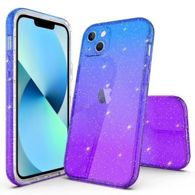 For iPhone 14 PRO MAX 6.7" Epoxy Sticker Glitter 3in1 Shockproof Transparent Hybrid Case - Pink + Light Blue