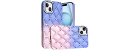 For iPhone 14 PRO MAX 6.7" Floral Joy Glitter Shimmer Leather Feel Thick TPU Case - Light Blue/Light Pink