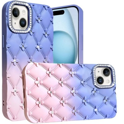 For iPhone 14 PRO MAX 6.7" Floral Joy Glitter Shimmer Leather Feel Thick TPU Case - Light Blue/Light Pink