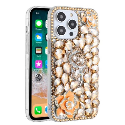 For iPhone 14 PRO MAX 6.7" Shimmer Glitter Floral Design Thick TPU Case Cover - Rose Gold
