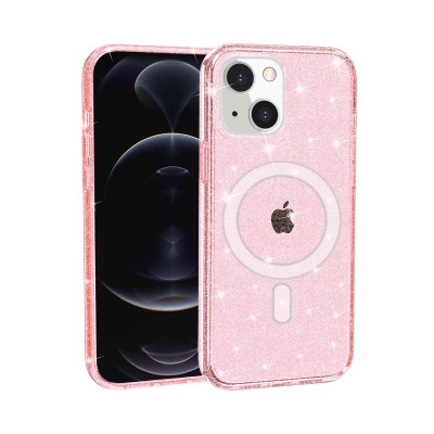 For iPhone 14 PRO MAX 6.7" Glitter Ultra [Magnetic Circle] Thick 3mm Transparent Hybrid - Pink
